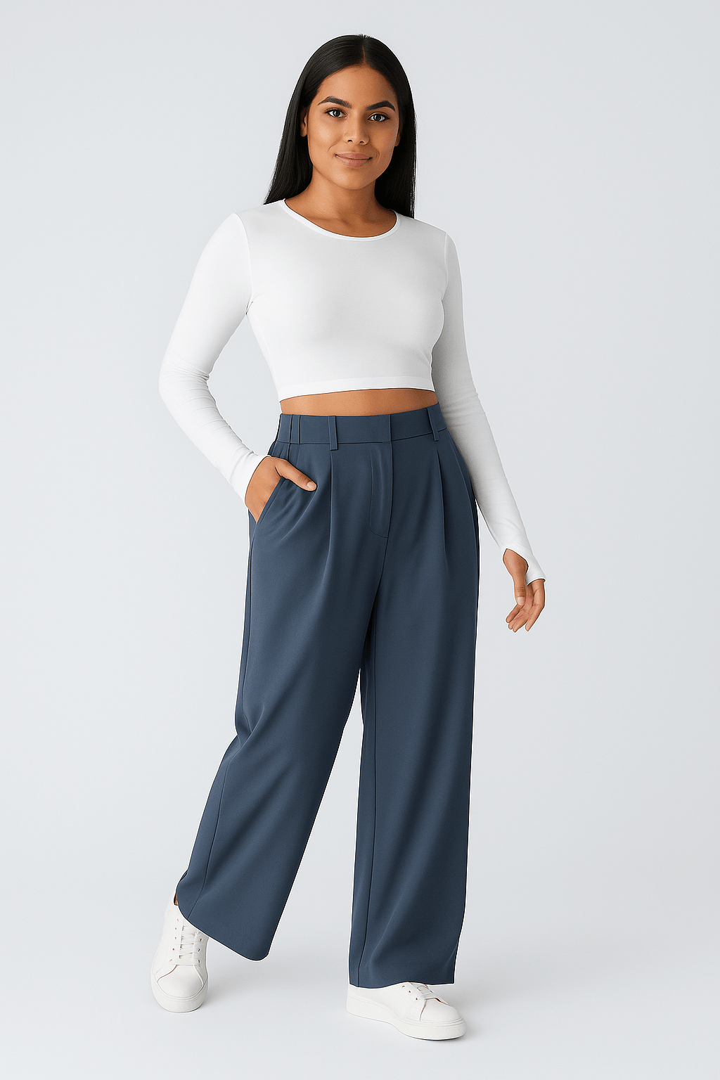 Hoge taille broek met zijzakken en wijde pijpen - Zovora